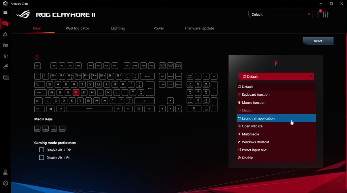 Armoury Crate softver za podešavanje ROG Claymore II optičko-mehaničke gaming tastature