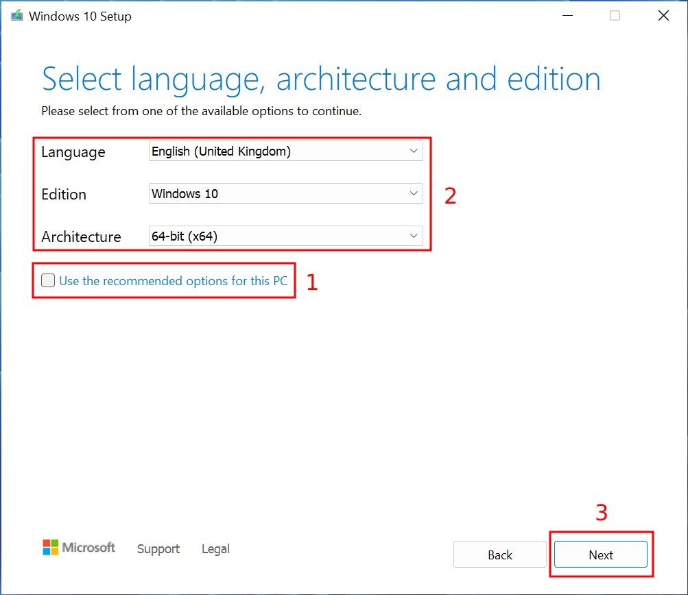 Windows Media Creation Tool za Windows 10 - Odabir jezika i arhitekture