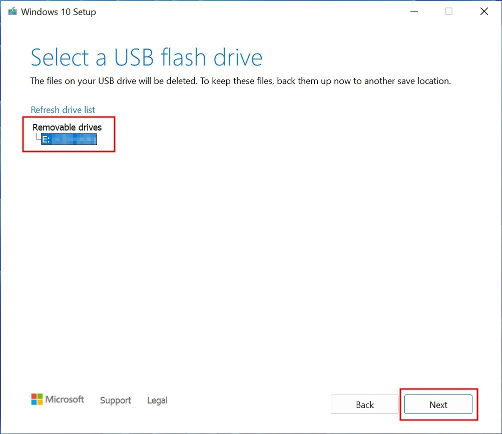 Windows Media Creation Tool za Windows 10 - Izbor USB fleš memorije