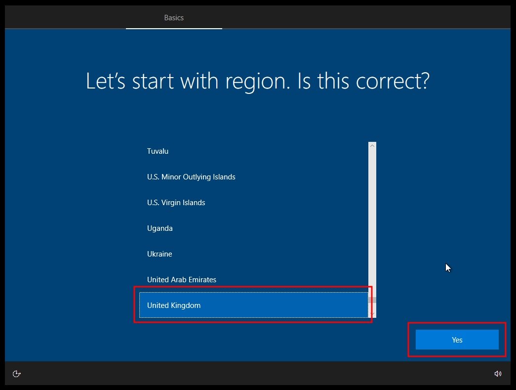 Izbor regiona tokom inicijalnog podešavanja tek instaliranog Windows 10 operativnog sistema