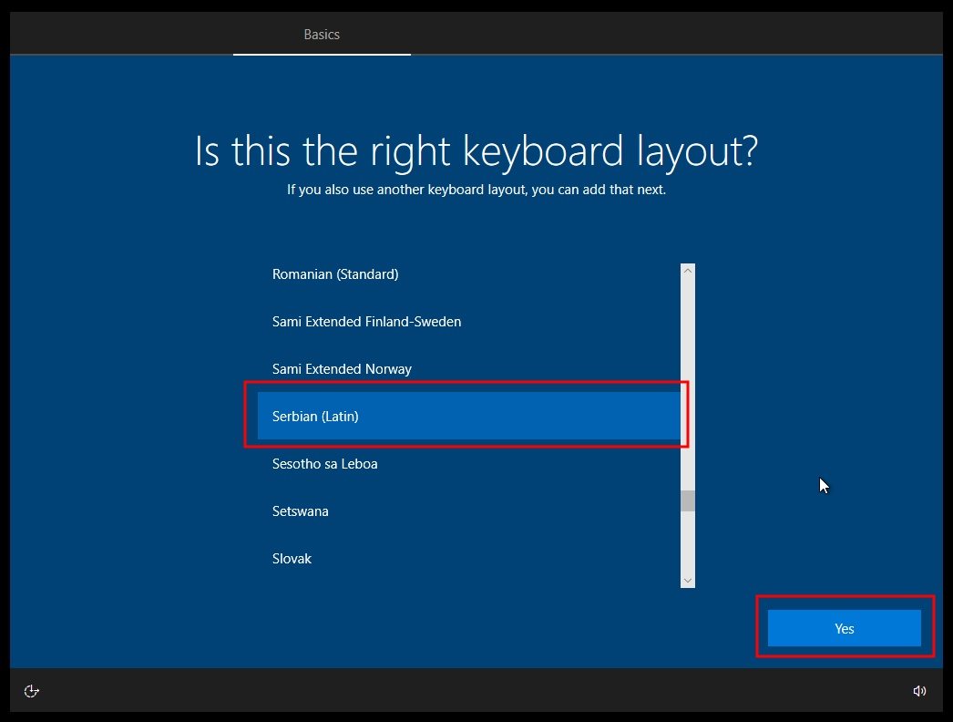 Izbor slovnog rasporeda tastature prilikom instalacije Windows 10 operativnog sistema