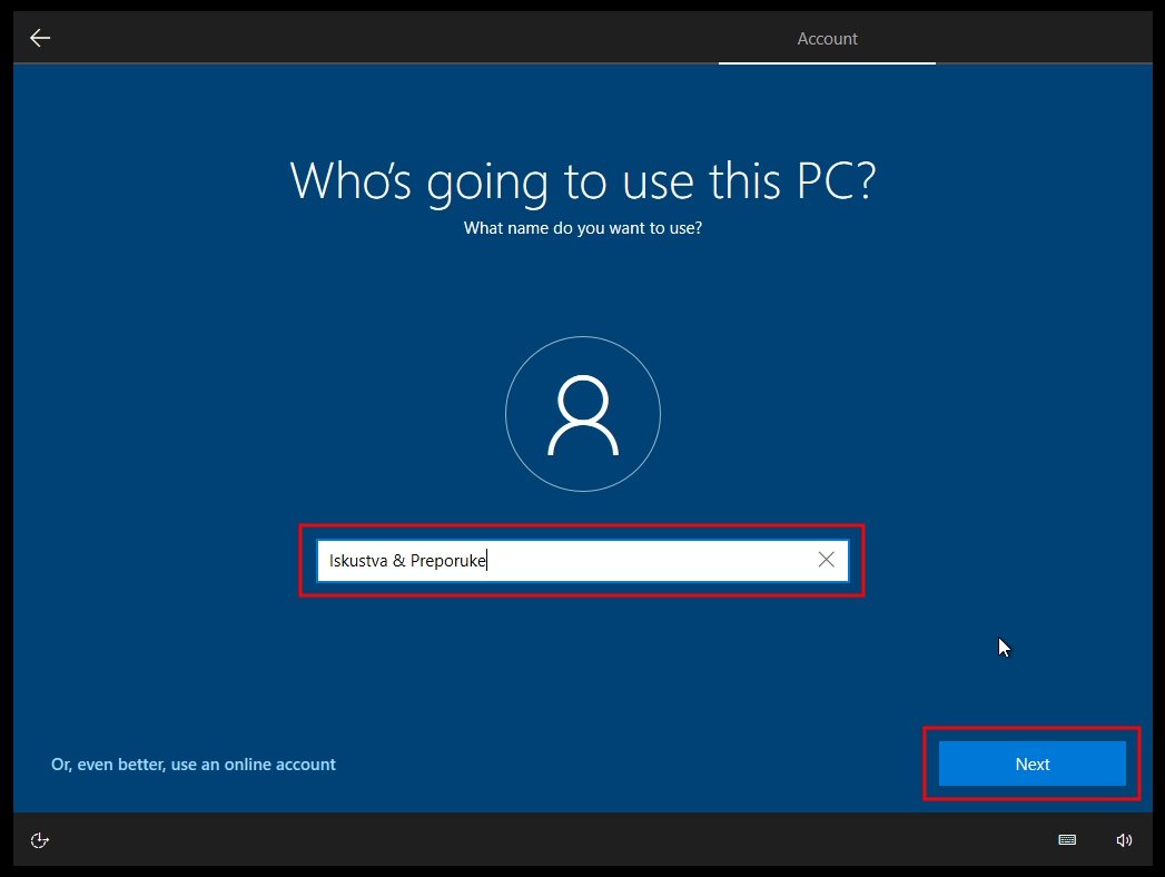 Izbor korisničkog imena u toku instalacije Windows 10 OS-a
