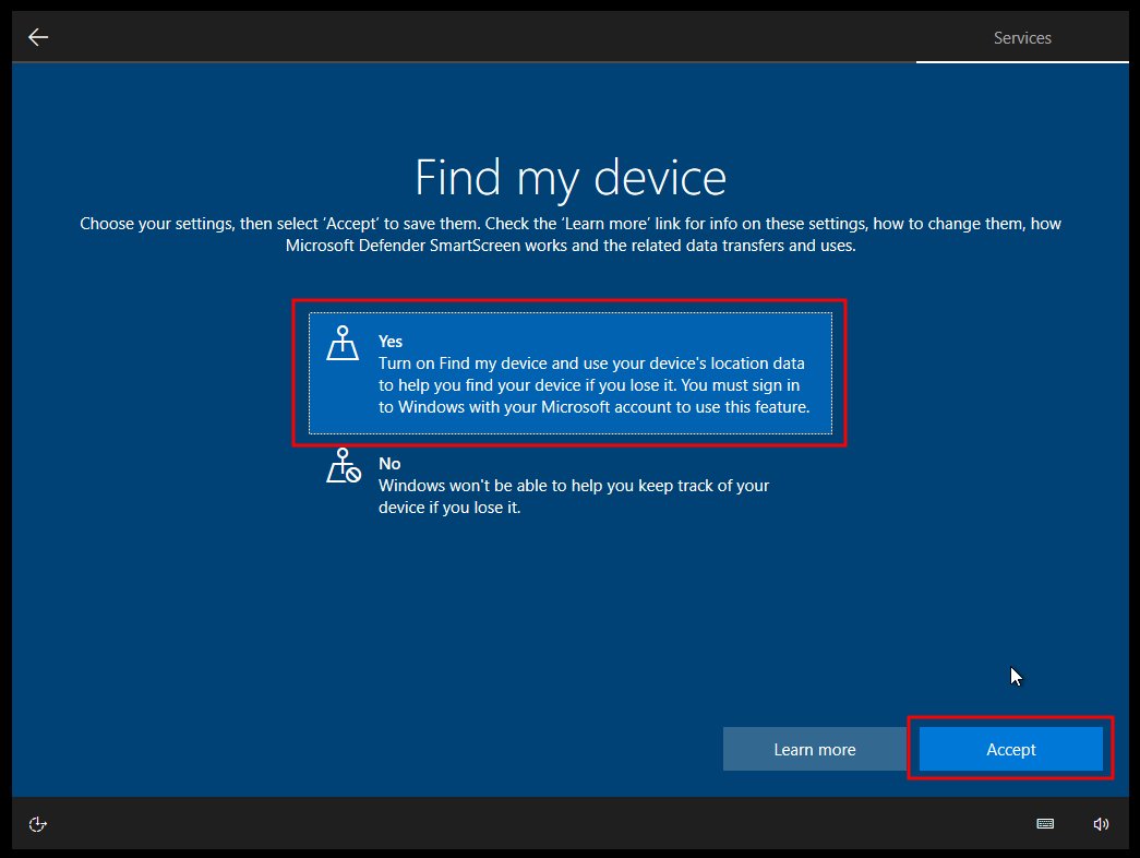 Aktivacija opcije za pronalaženje izgubljenog računara tokom instalacije Windows 10 operativnog sistema