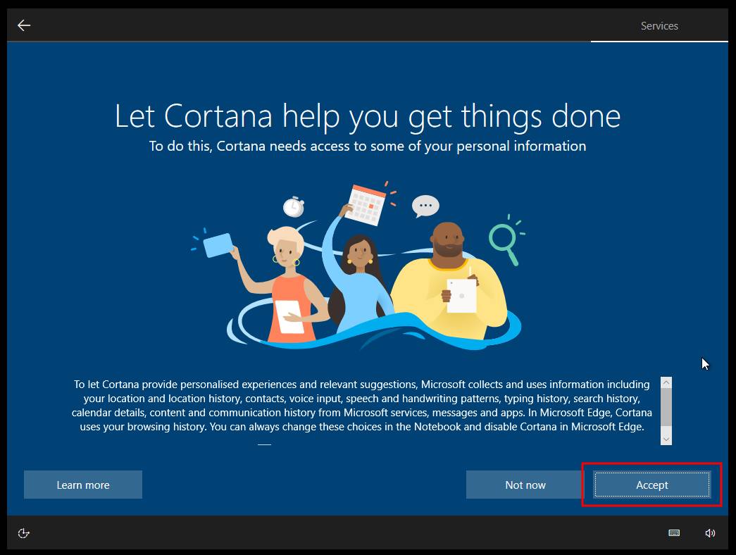 Aktiviranje Cortana digitalnog asistenta u toku instalacije Windows-a