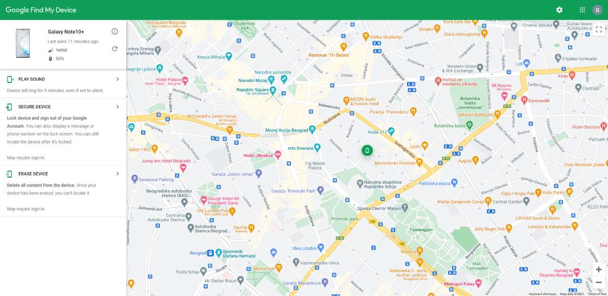 Google Find My Device servis za lociranje mobilnih uređaja sa Android operativnim sistemom - screenshot