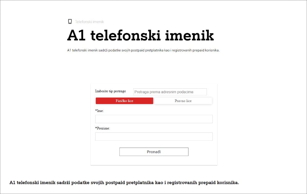 A1 javni telefonski imenik - screenshot