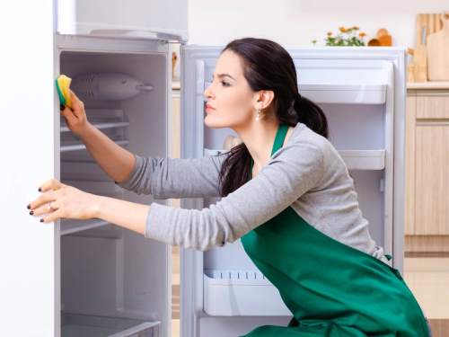 Kako očistiti gumu na frižideru - mlada žena sunđerom briše frižider