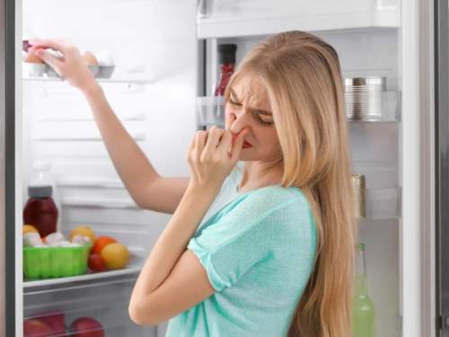 Kako ukloniti neprijatan miris iz frižidera - devojka sa zapušenim nosom ispred otvorenog frižidera