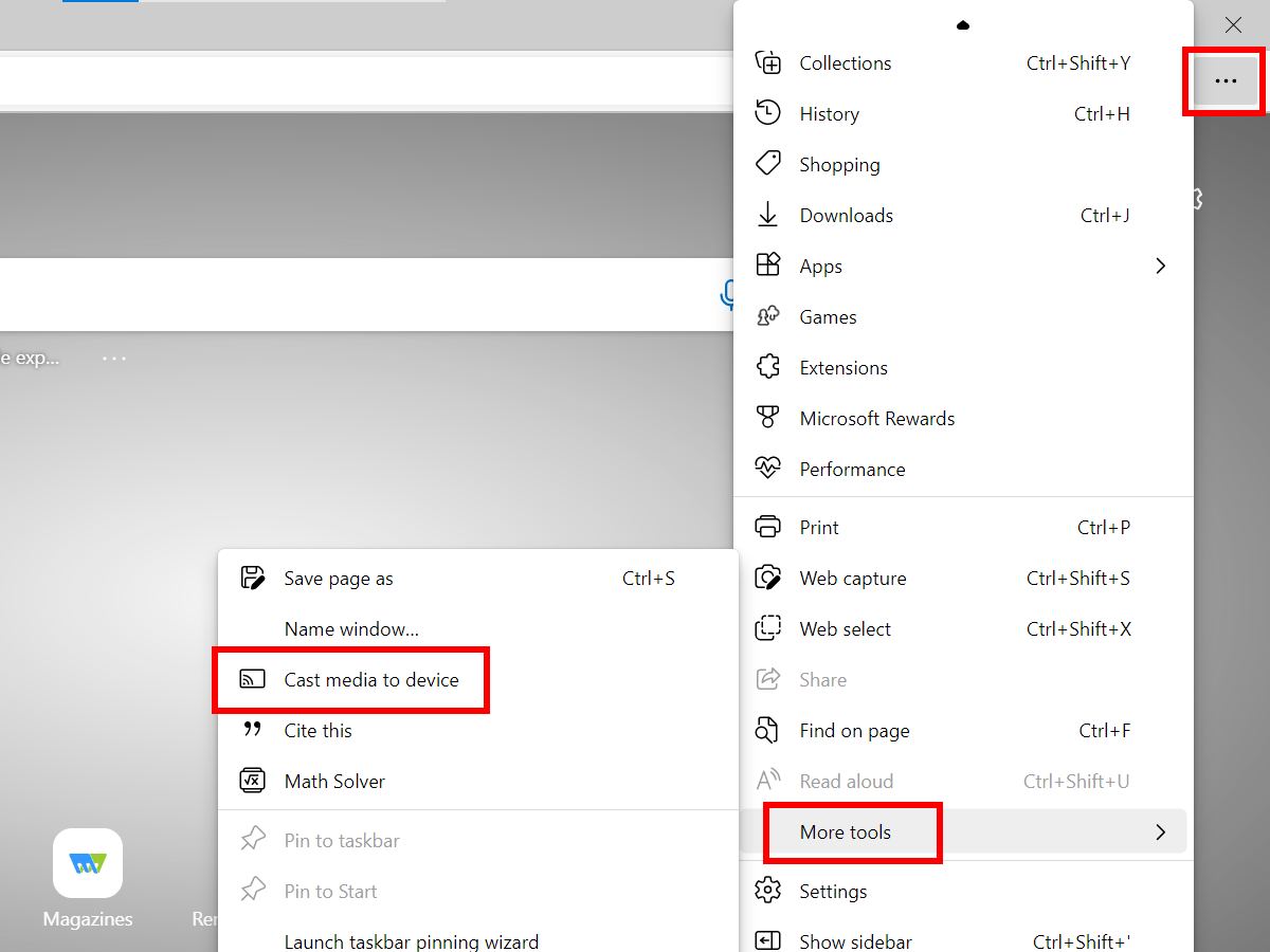 Cast opcija u meniju Microsoft Edge web browser-a