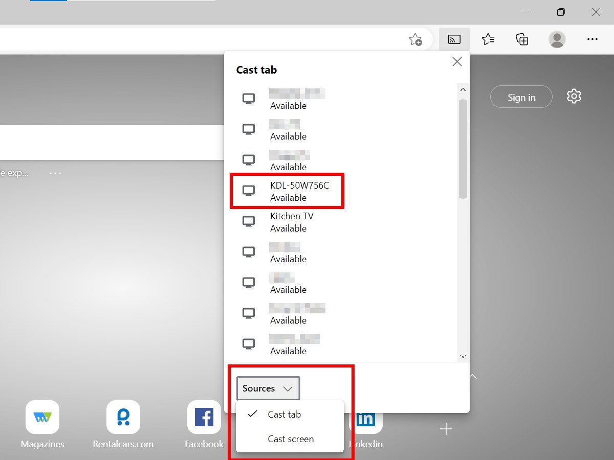 Izbor uređaja i izvora za kastovanje u Microsoft Edge pregledaču