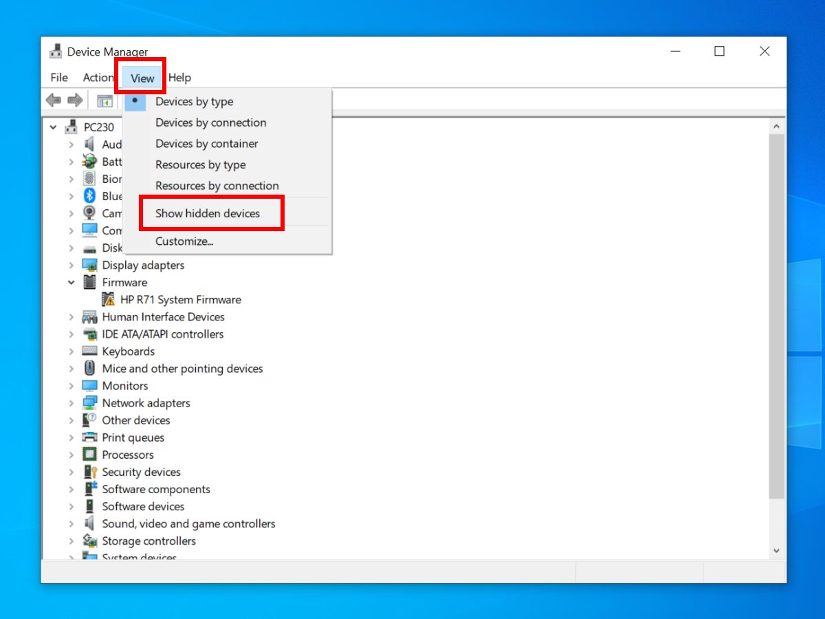 Device Manager - opcija Show hidden devices