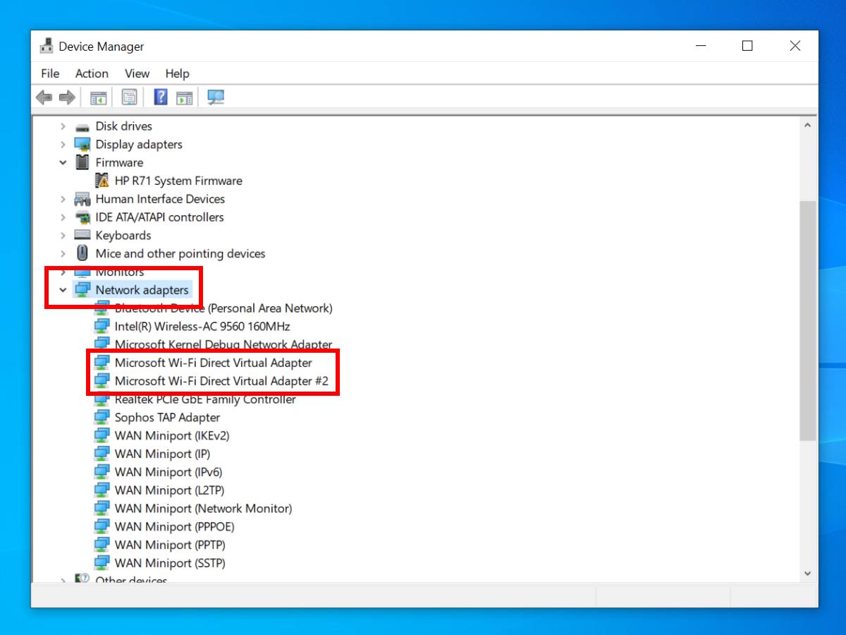 Microsoft Wi-Fi Direct Virtual Adapter u Network adapters sekciji