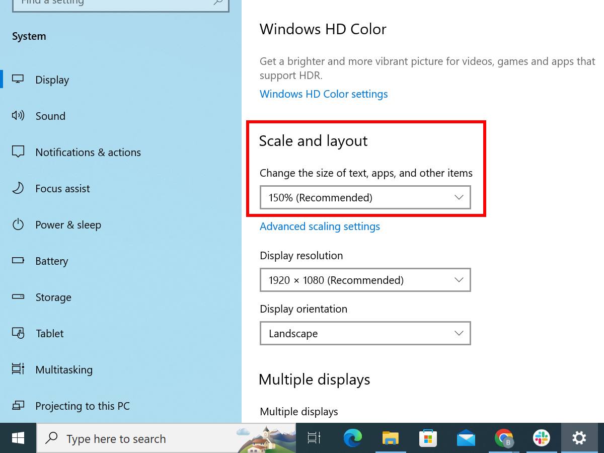 Scale and layout sekcija u Display settings meniju