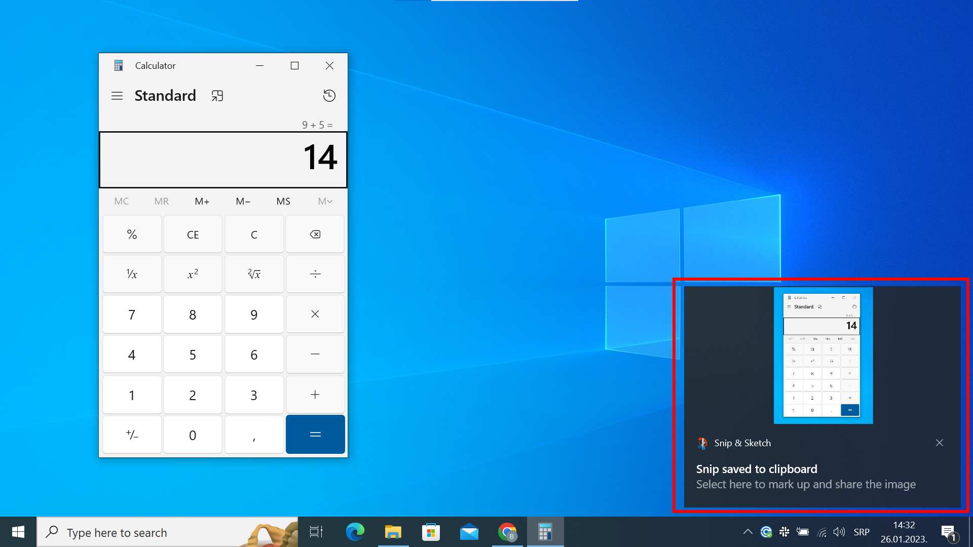 Obaveštenje da je slika željenog dela ekrana snimljena - Snip & Sketch