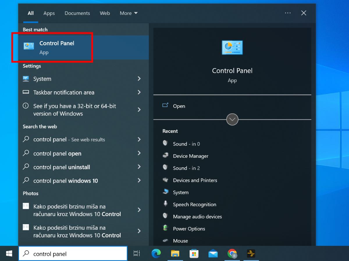 Control Panel ikonica u Start meniju Windows 10 operativnog sistema