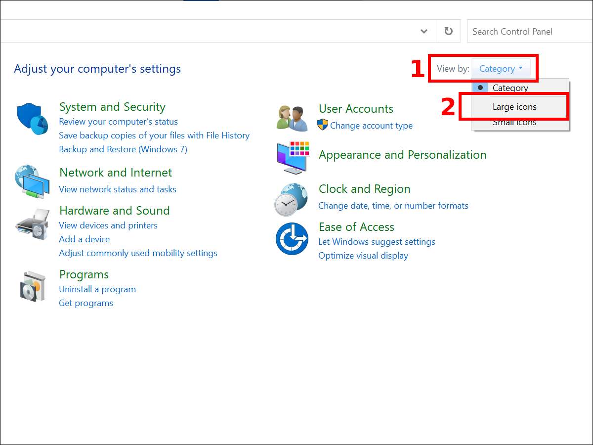 Windows 10 - Control Panel - View by padajući meni
