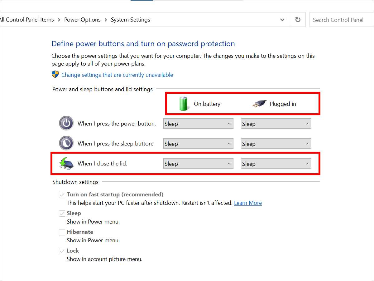 Windows 10 - Power Options - When I close the lid