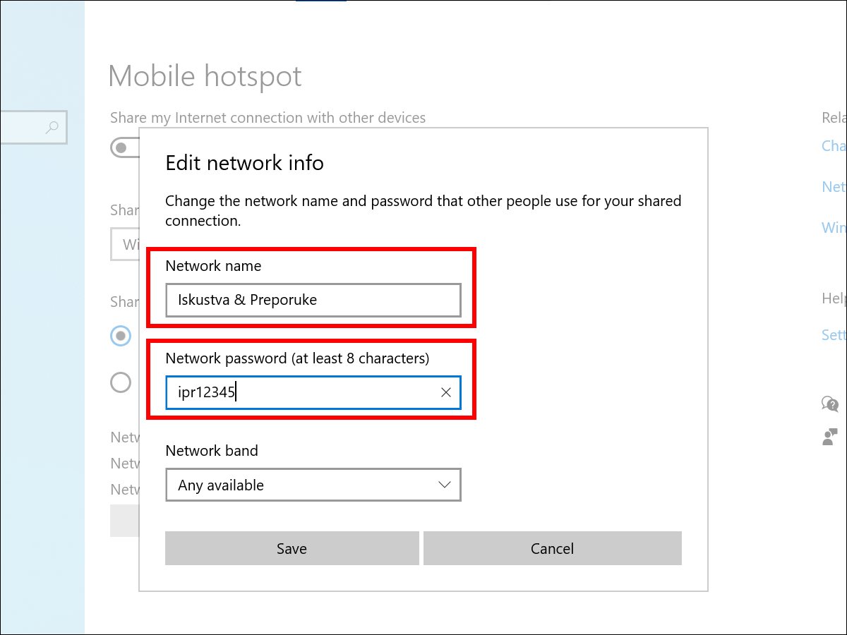 Windows 10 - Podešavanje imena mreže i lozinke za Mobile hotspot