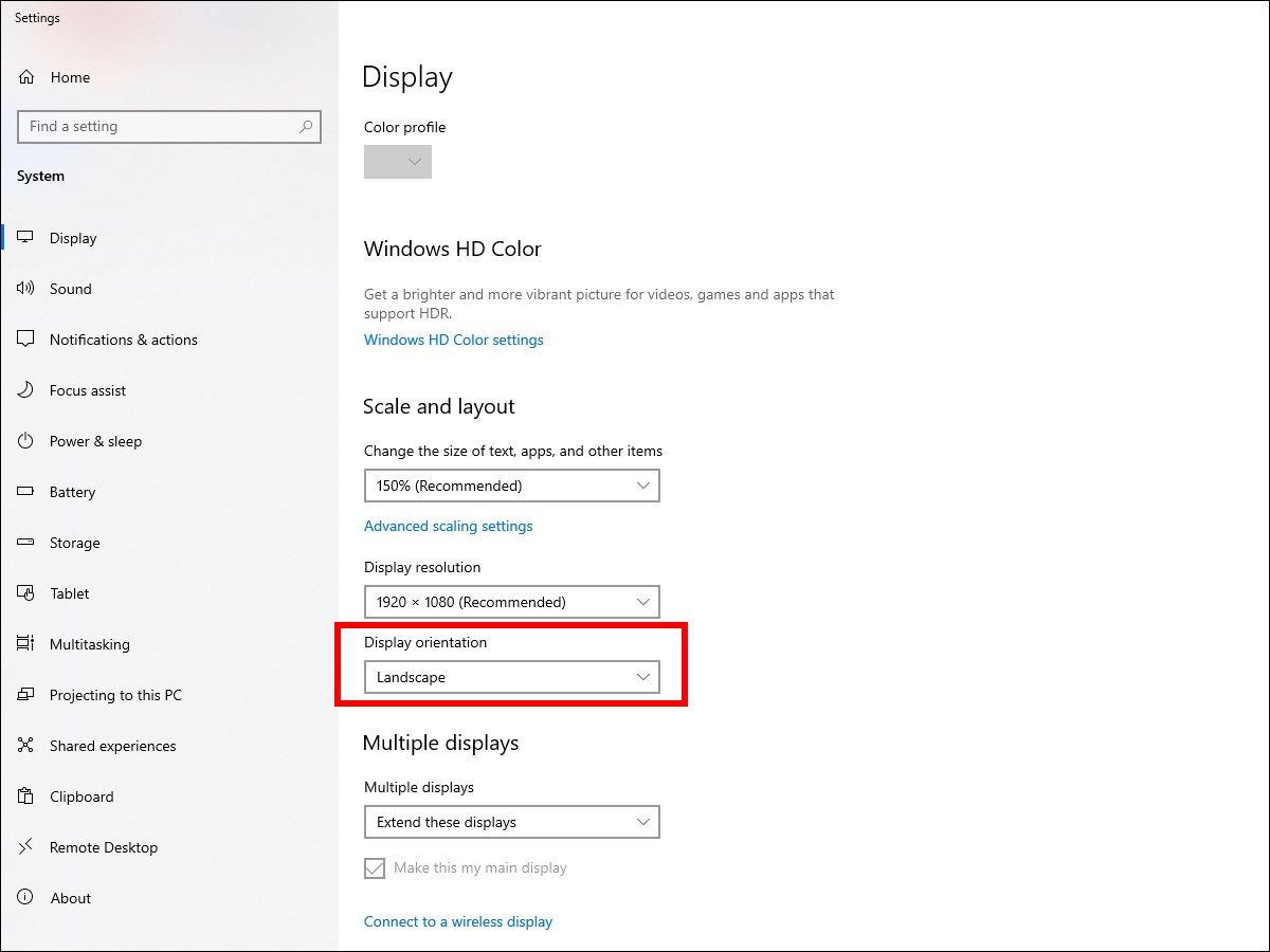 Windows 10 - Display orientation padajući meni za okretanje slike na ekranu