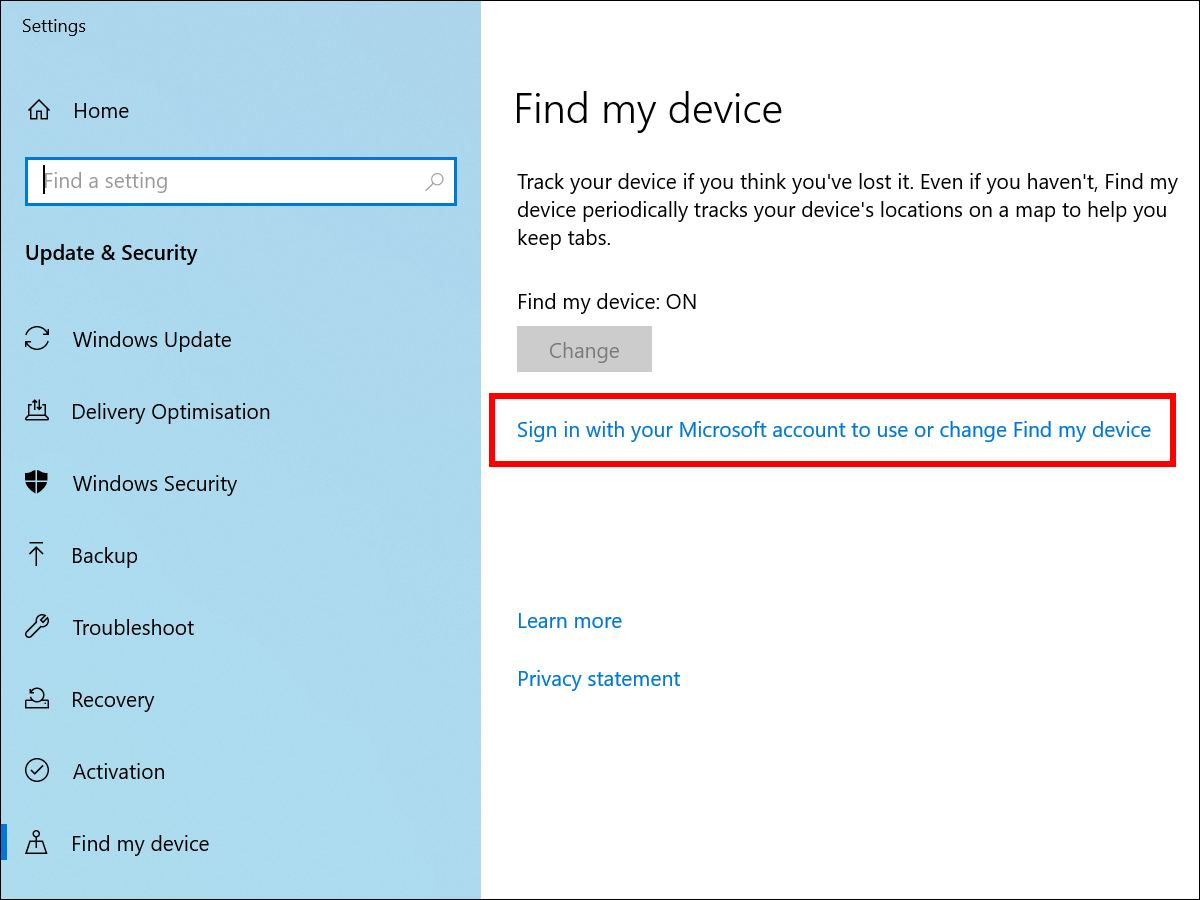 Windows 10 - Find My Device prozor i opcija za prijavljivanje uz pomoć Microsoft naloga