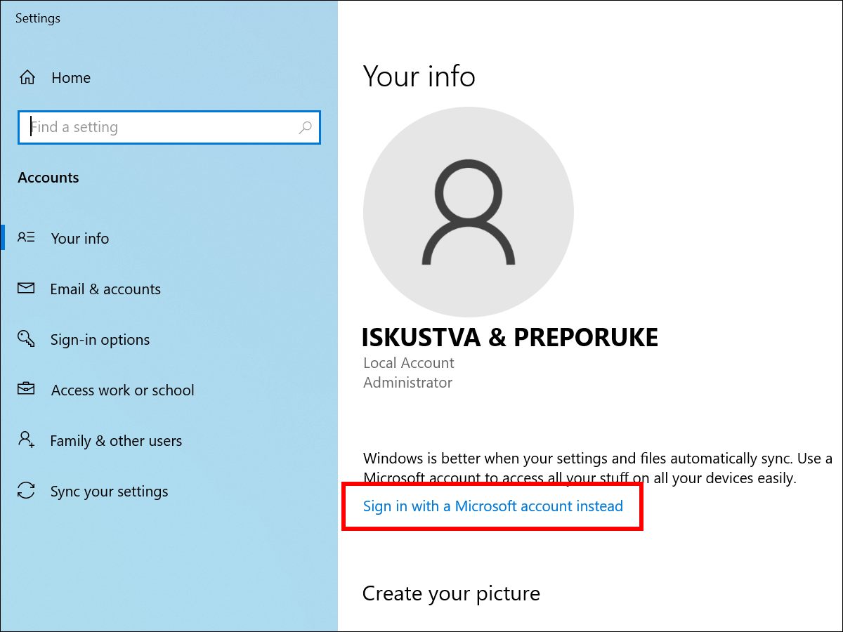 Windows 10 - Your Info - Prijavljivanje na Microsoft nalog