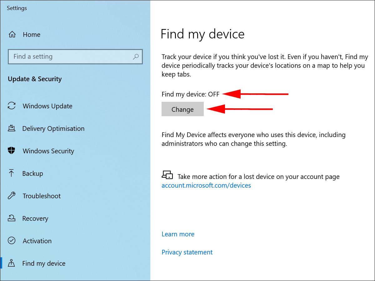 Windows 10 - Find My Device - Status funkcije