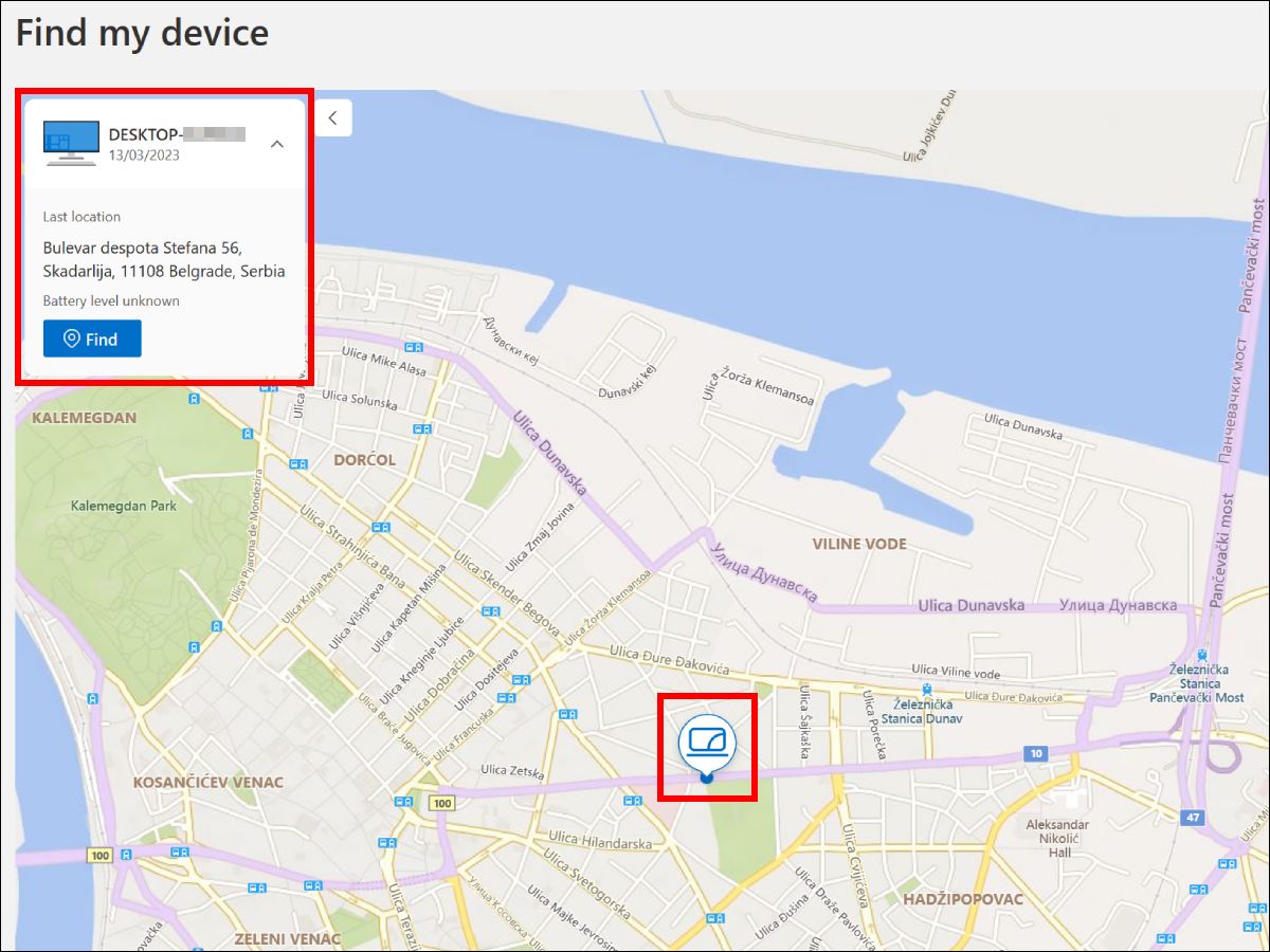 Prikaz lokacije ukradenog laptopa na Find My Device stranici na Microsoft sajtu