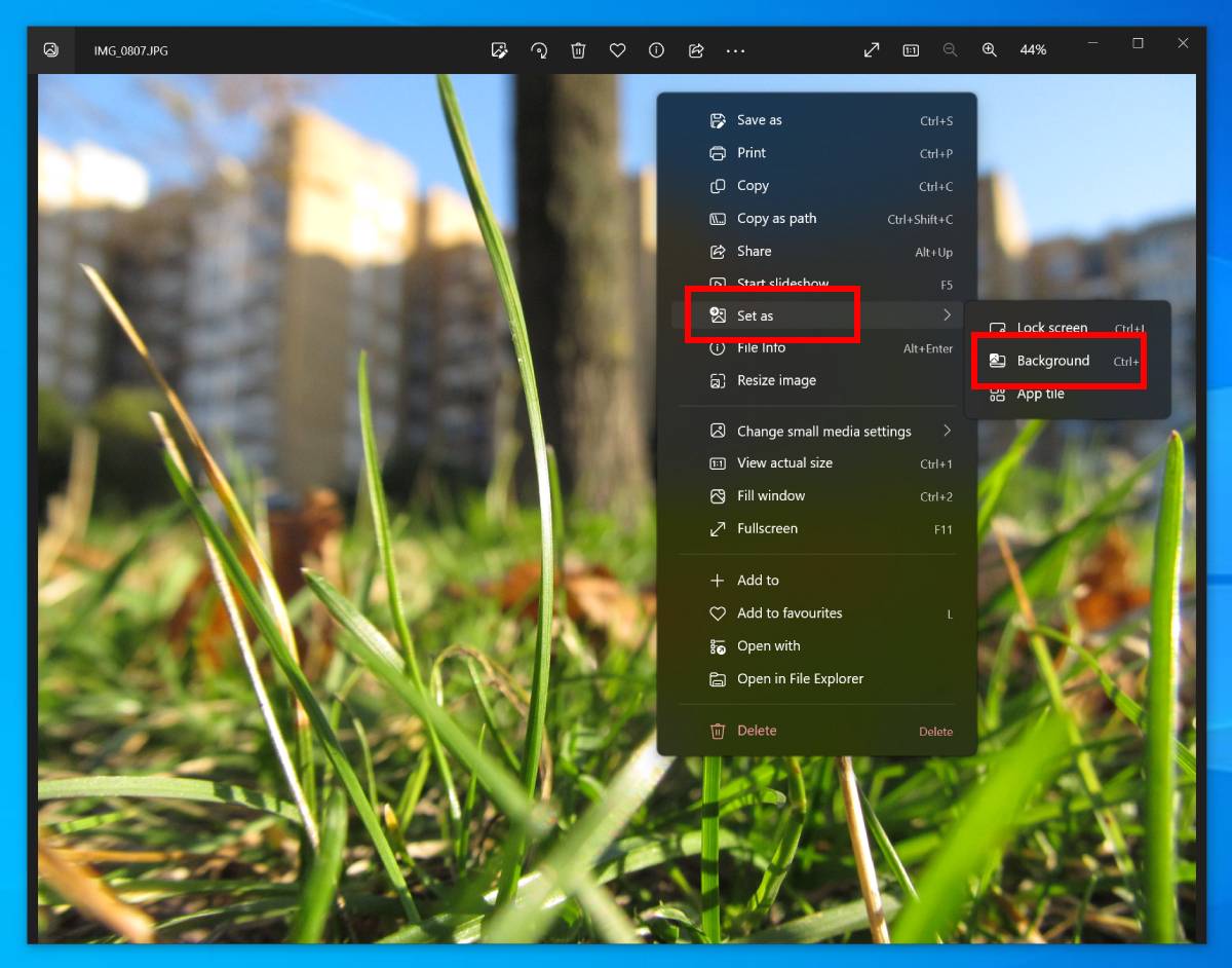 Windows 10 - Photos app - Set as background