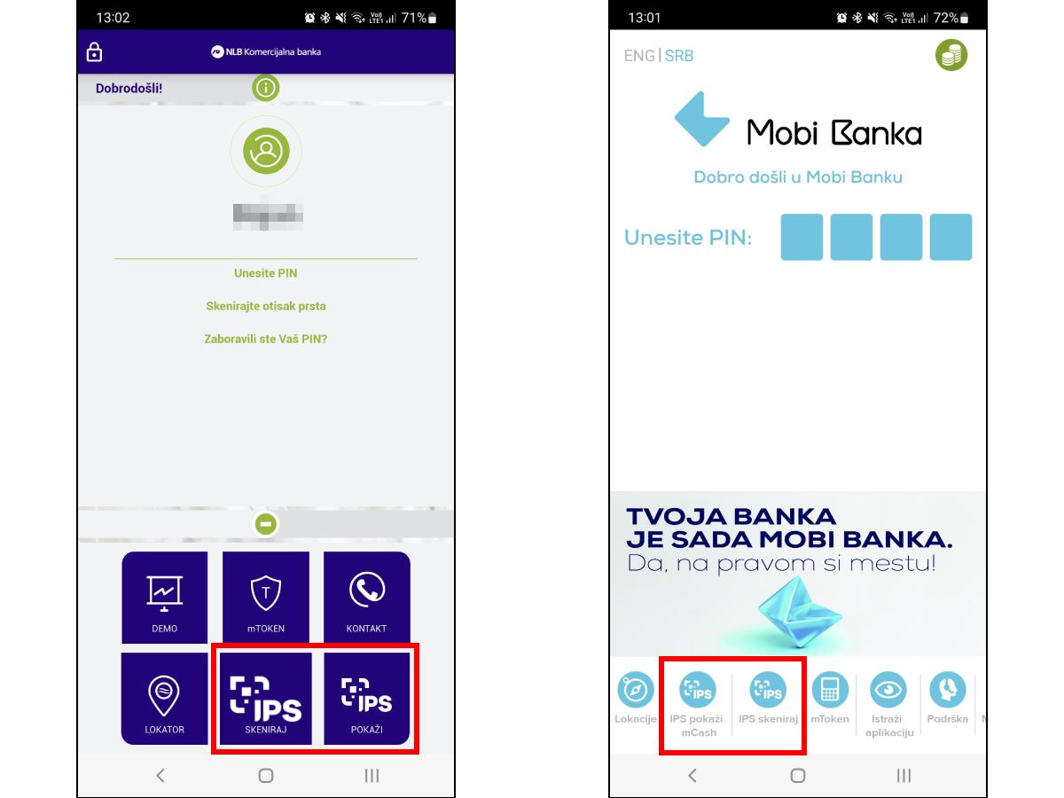 Opcije IPS SKENIRAJ i IPS POKAŽE u mBanking aplikacijama - NLB Komercijalna banka i Mobi Banka
